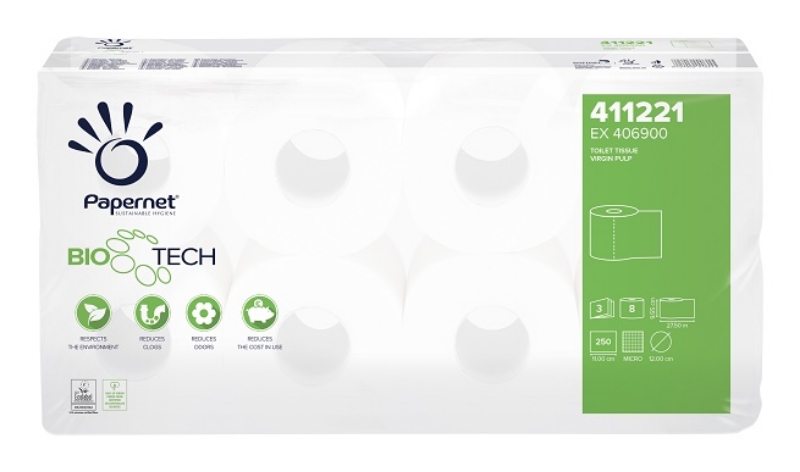 Toaletni papir Biotech, 3-slojni, 8x9/1, Ecolabel, Papernet